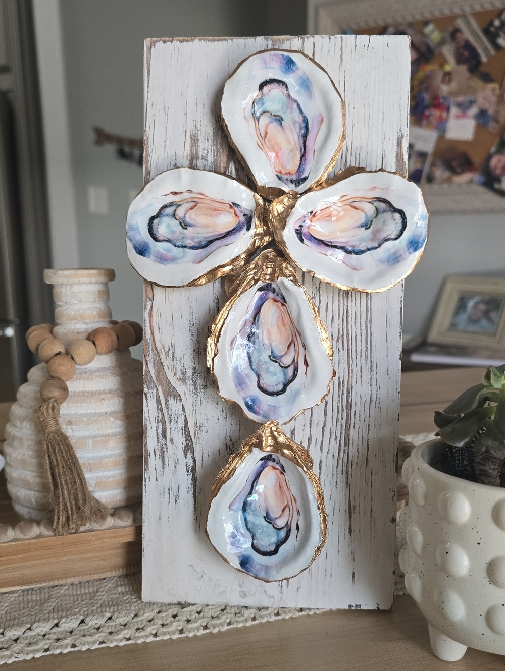 Hand Crafted Oyster Shell Wall Art in White, Blue & Gold